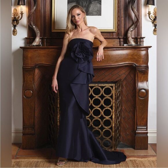 Muse by Marchesa Stretch Mikado 3D Rosette Running Side Ruffle Maxi Dress - Picture 2 of 10